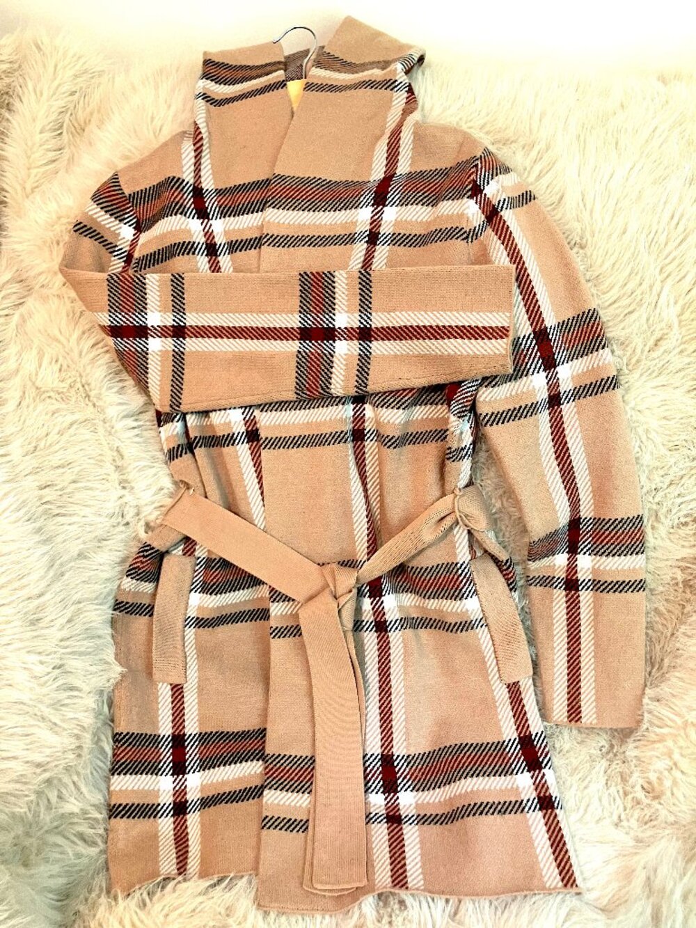 Tailored, long line, belted cardigan  (S) plaid, camel